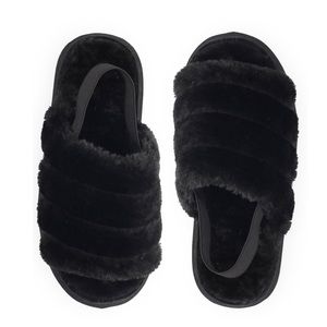 Black Platform Faux Fur Slingback Slippers 5/6